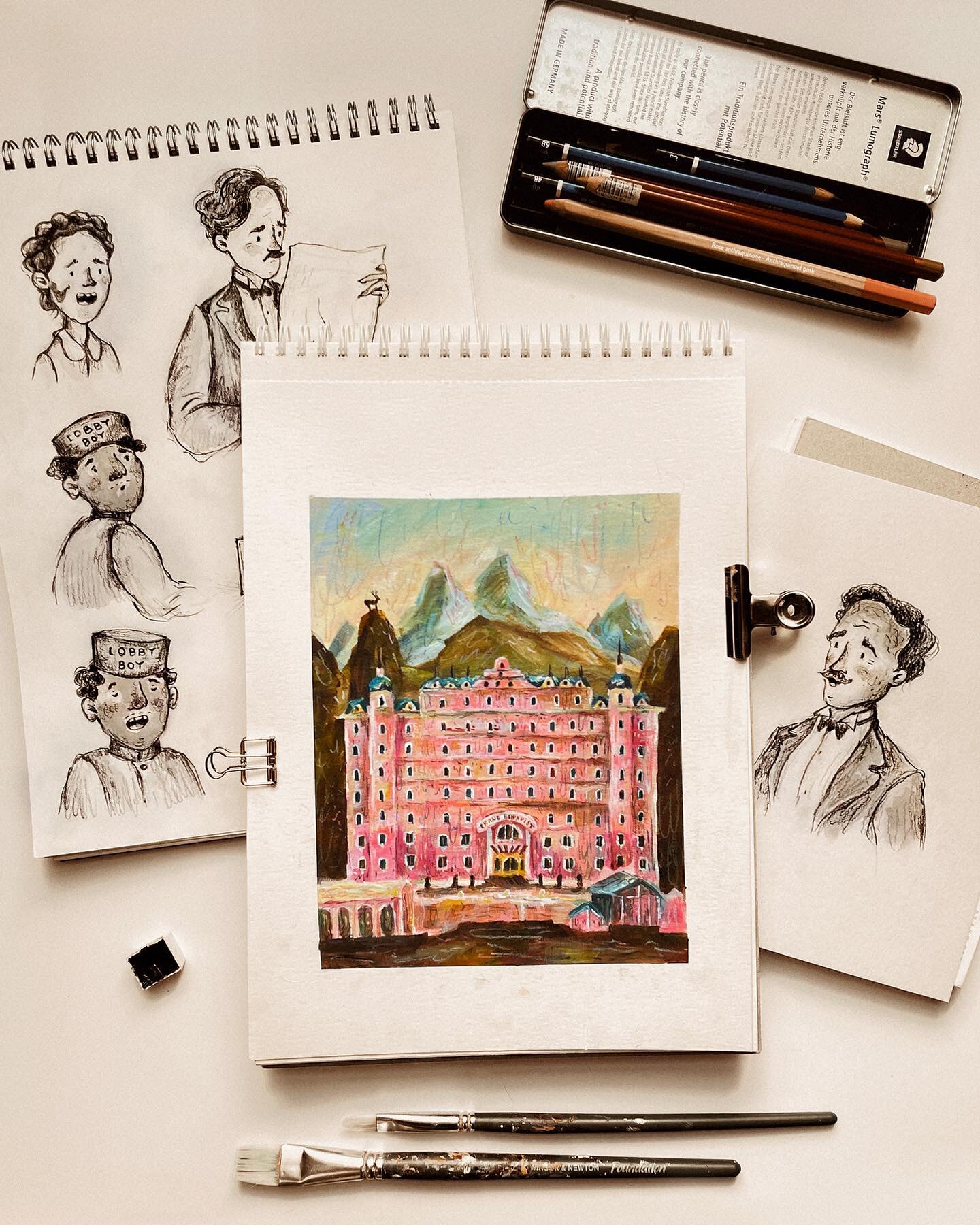 The Grand Budapest Hotel Fan Art 💓. I often take inspiration from the movies to practice drawing figures, emotions and beautiful scenes. So here are Monsieur Gustave, Zero and Agatha from Wes Anderson's The Grand Budapest Hotel. Love this movie so m