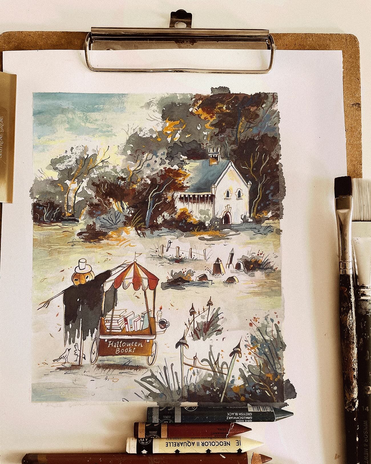 The Scarecrow&rsquo;s Little Outdoor Library 🍂. Inspired by the yellow trees outside and my current stack of mystery reads, I worked on this piece with real pleasure, and I hope it brings you a bit of warm Halloween feeling. ✨🎃 #dariadanilova_art