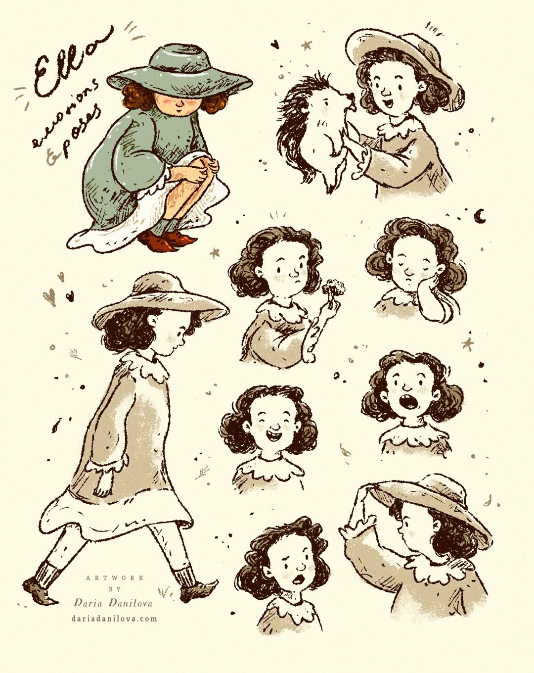 Character design sketches for Ella from Ella&rsquo;s Magic Garden, an imaginary story from the late 19th century.

Here, I was exploring Ella&rsquo;s personality. I imagined her as a curious girl with a stubborn streak, especially when she came up ag