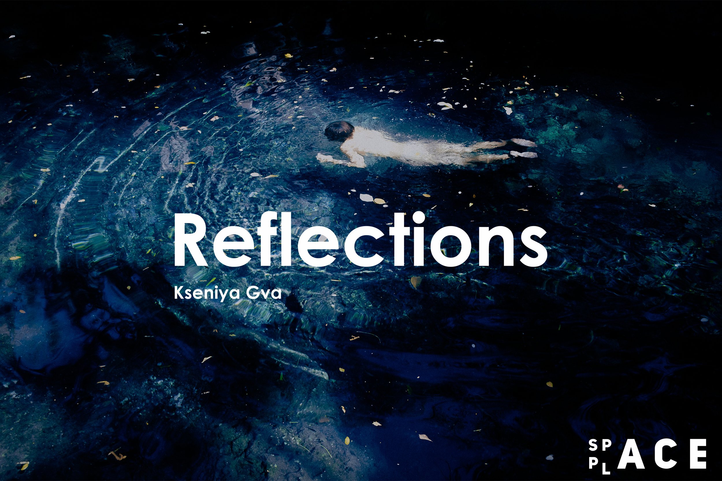 Person swimming in a clear blue water body with text "Reflections" and "Kseniya Gva" overlaid.