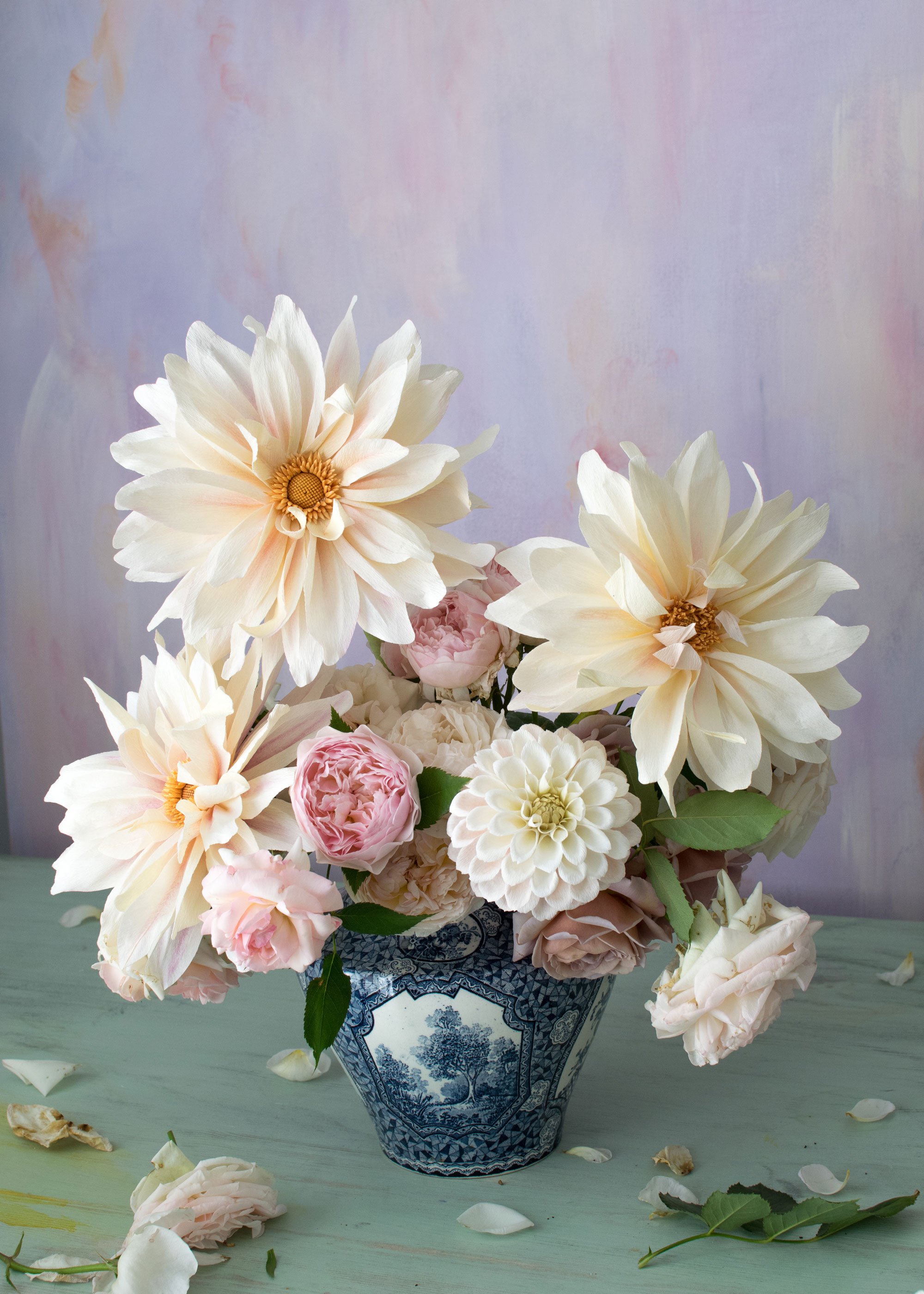 Cafe-au-Lait-Dahlia-(in-Paper)-and-Roses-Arrangement-by-Crafted-to-Bloom-#paperflowers-(pink-bg-looking-down).jpg