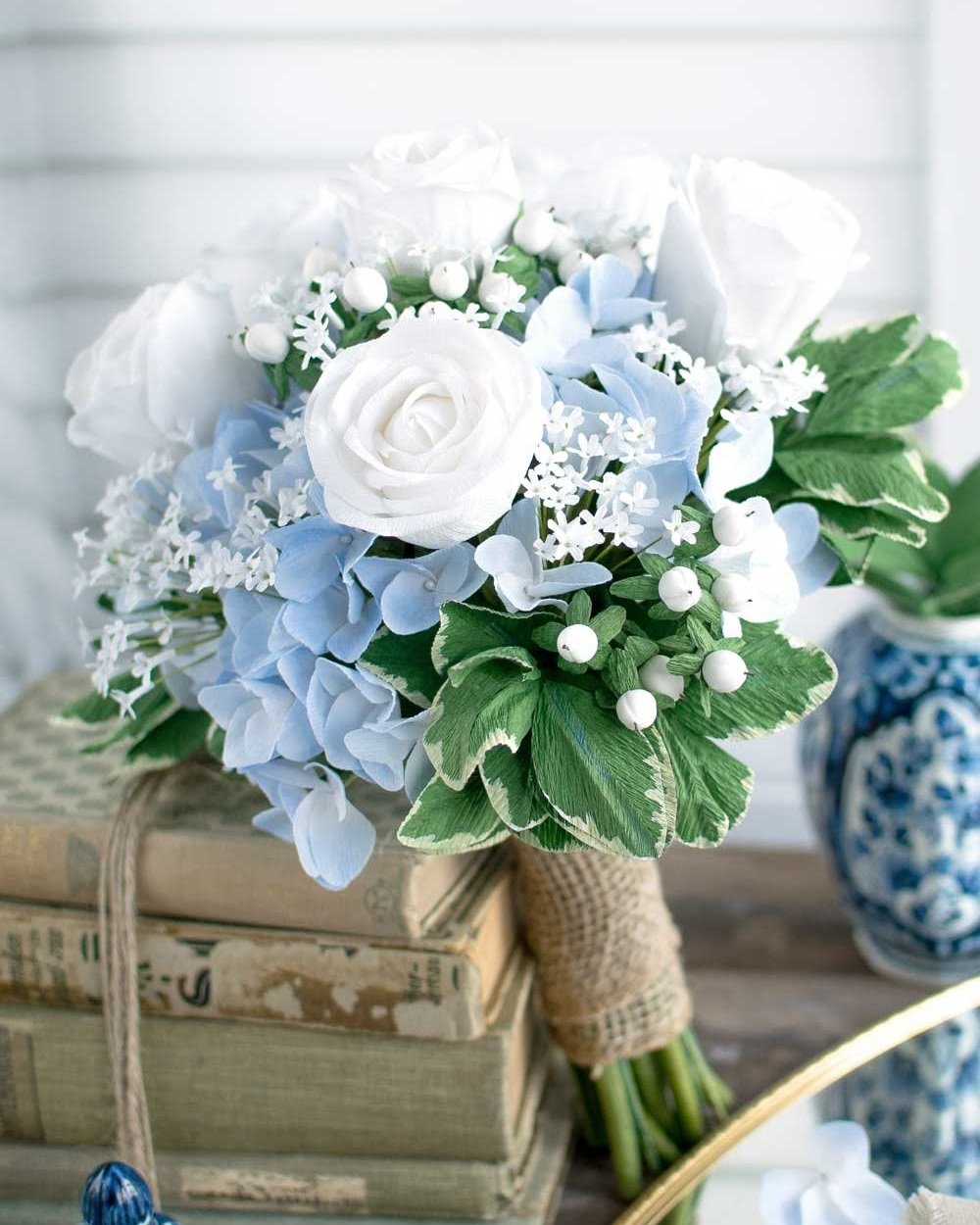 Crepe Paper Flower Bouquet - Blue and White