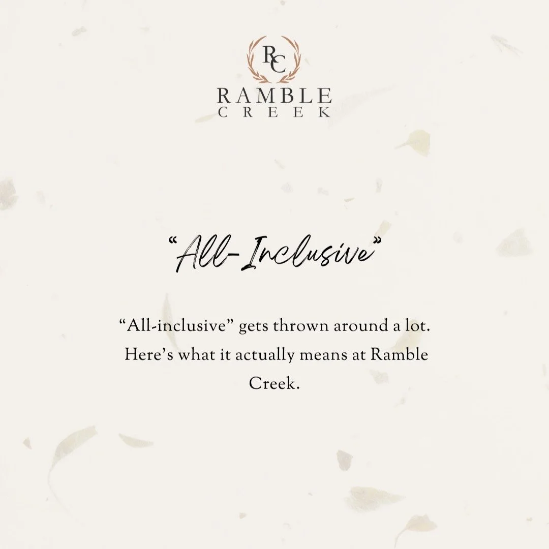 "All-inclusive" gets thrown around a lot in the wedding world. Here's what it actually means at Ramble Creek. 👇

At Ramble Creek, all-inclusive means one contract, one team, and one point of contact. No vendor list to manage. No penalty fe