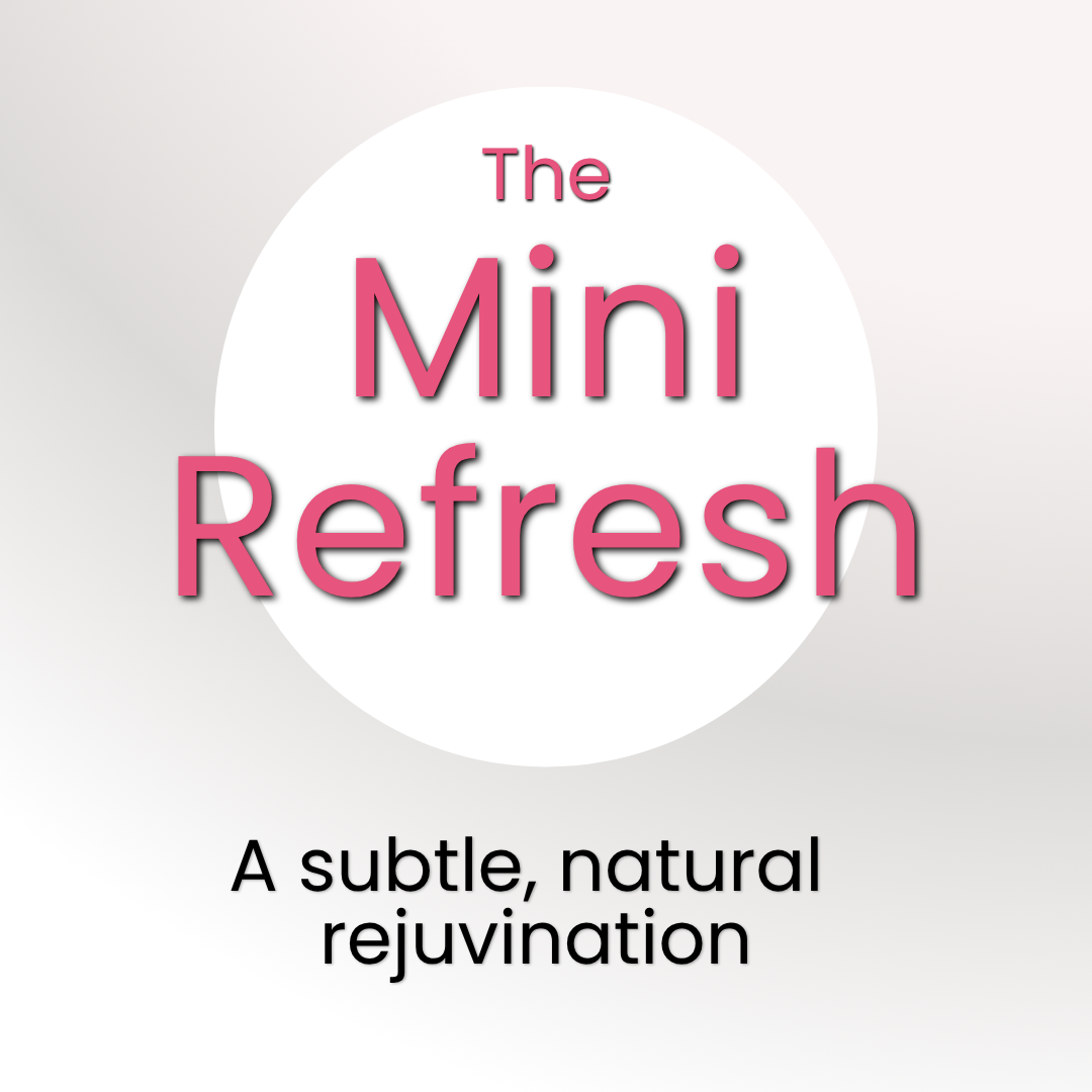 Book cover titled "The Mini Refresh" with the subtitle "A subtle, natural rejuvenation" in pink and black text on a white background.