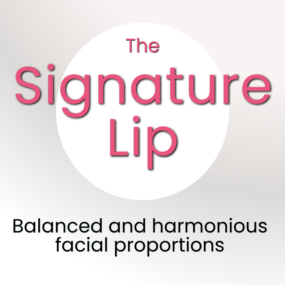 Text in pink and black reading 'The Signature Lip' and 'Balanced and harmonious facial proportions' on a light background.