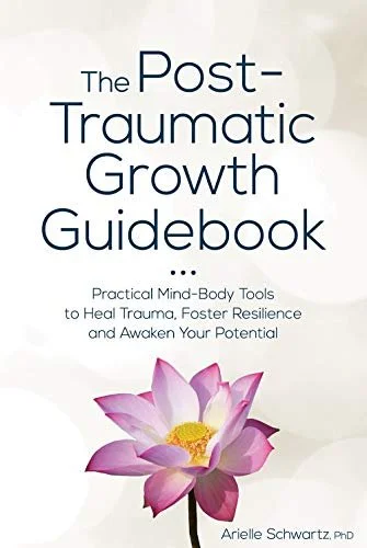 Book cover titled "The Post-Traumatic Growth Guidebook" with a pink and white lotus flower at the bottom.