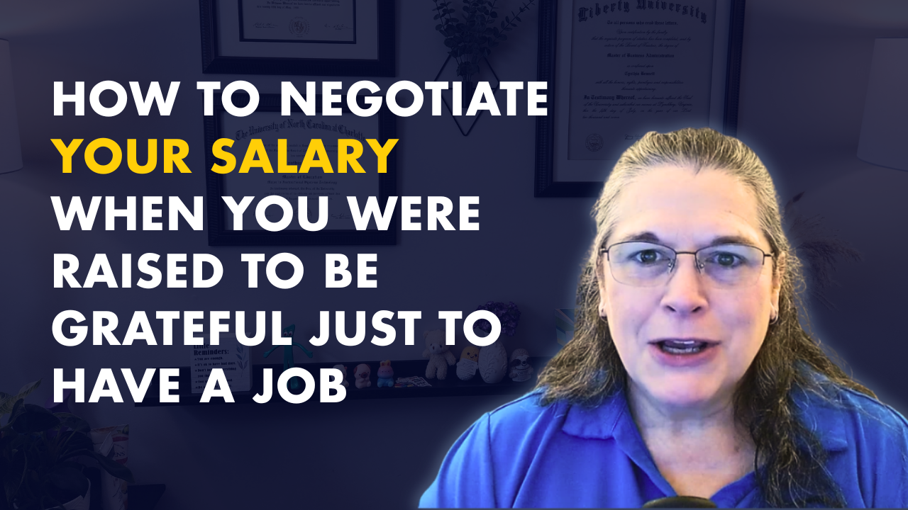 Thumbnail image of a woman with glasses and long hair, wearing a blue shirt, speaking in front of framed certificates and documents on the wall, with text overlay about salary negotiation.