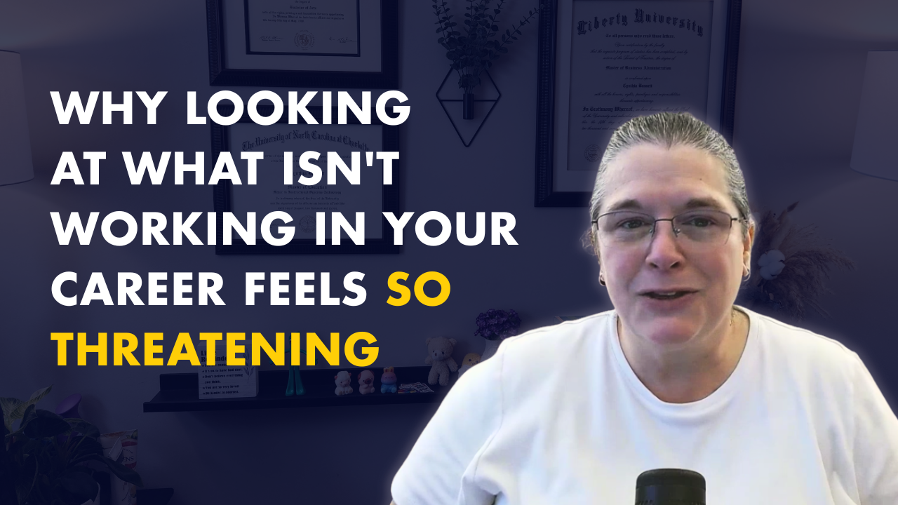 A woman with glasses and a white shirt speaking in front of a background with framed certificates, a shelf with small toys, and plants. Overlaid text reads: 'Why looking at what isn't working in your career feels so threatening.'