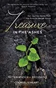Book cover titled 'A Treasure in the Ashes' by Nicole Wandler, Brooklyn, Counselor Heart, featuring a green plant sprouting from ash and charred background.