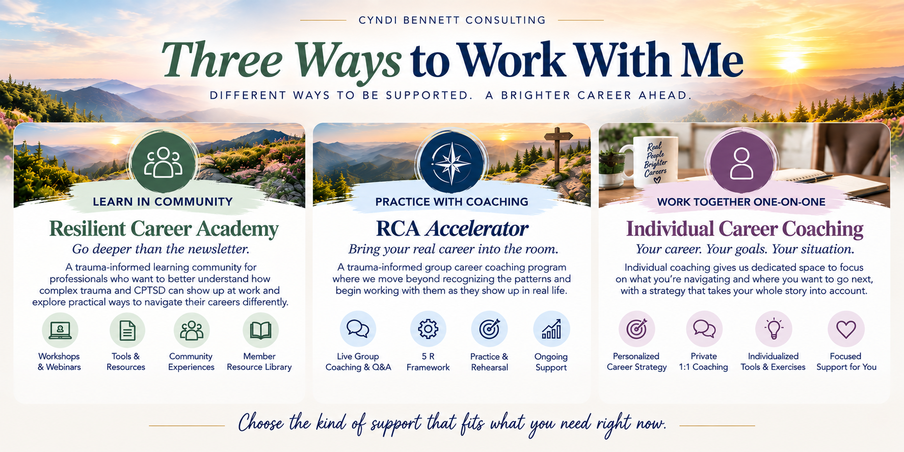 Overview slide of Three Ways to Work with Me, Cyndi Bennett, Trauma-Informed Career Coach