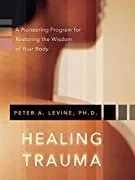 Cover of the book titled 'Healing Trauma' by Peter A. Levine, Ph.D., featuring a blurred image of a person touching a window or glass surface with sunlight coming through.