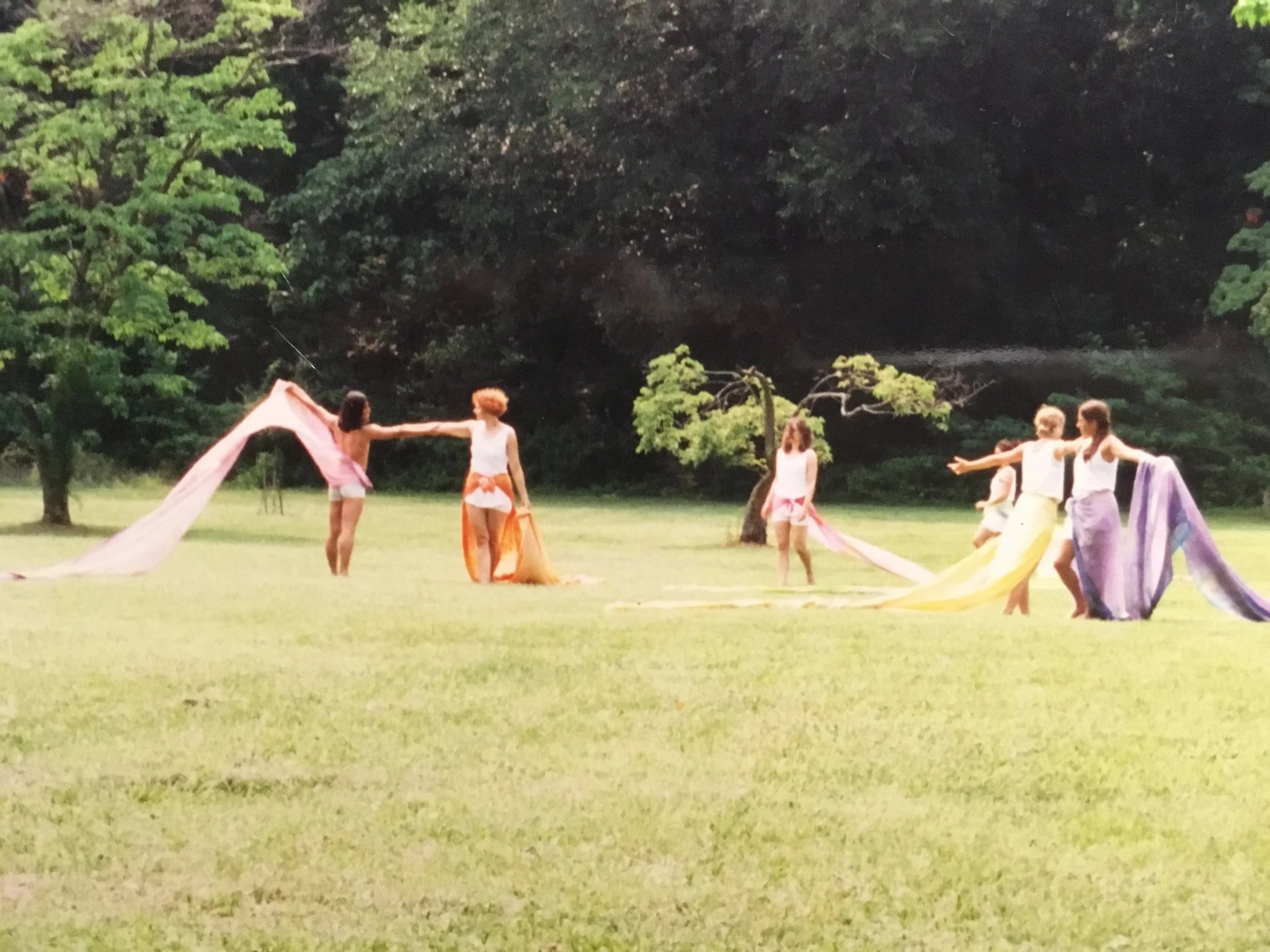 People performing with oversized scarves in a grass space with trees behind them