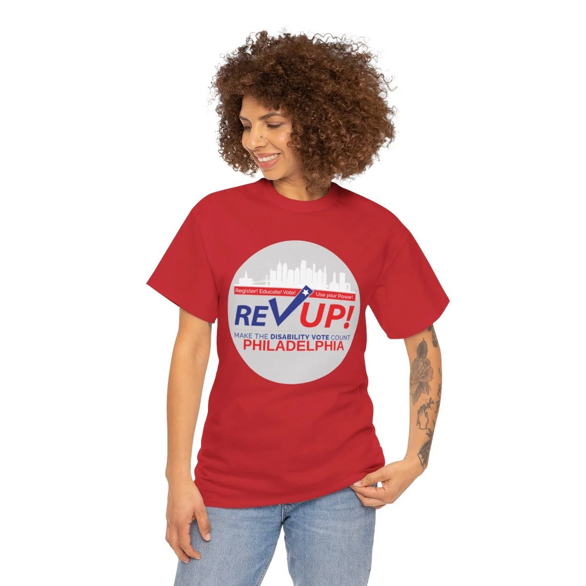 Person wearing a red tee with Rev Up logo