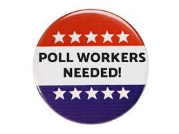 a button in red, white, and blue stripes. Stars are in the red and blue, and 'poll workers needed!' in white