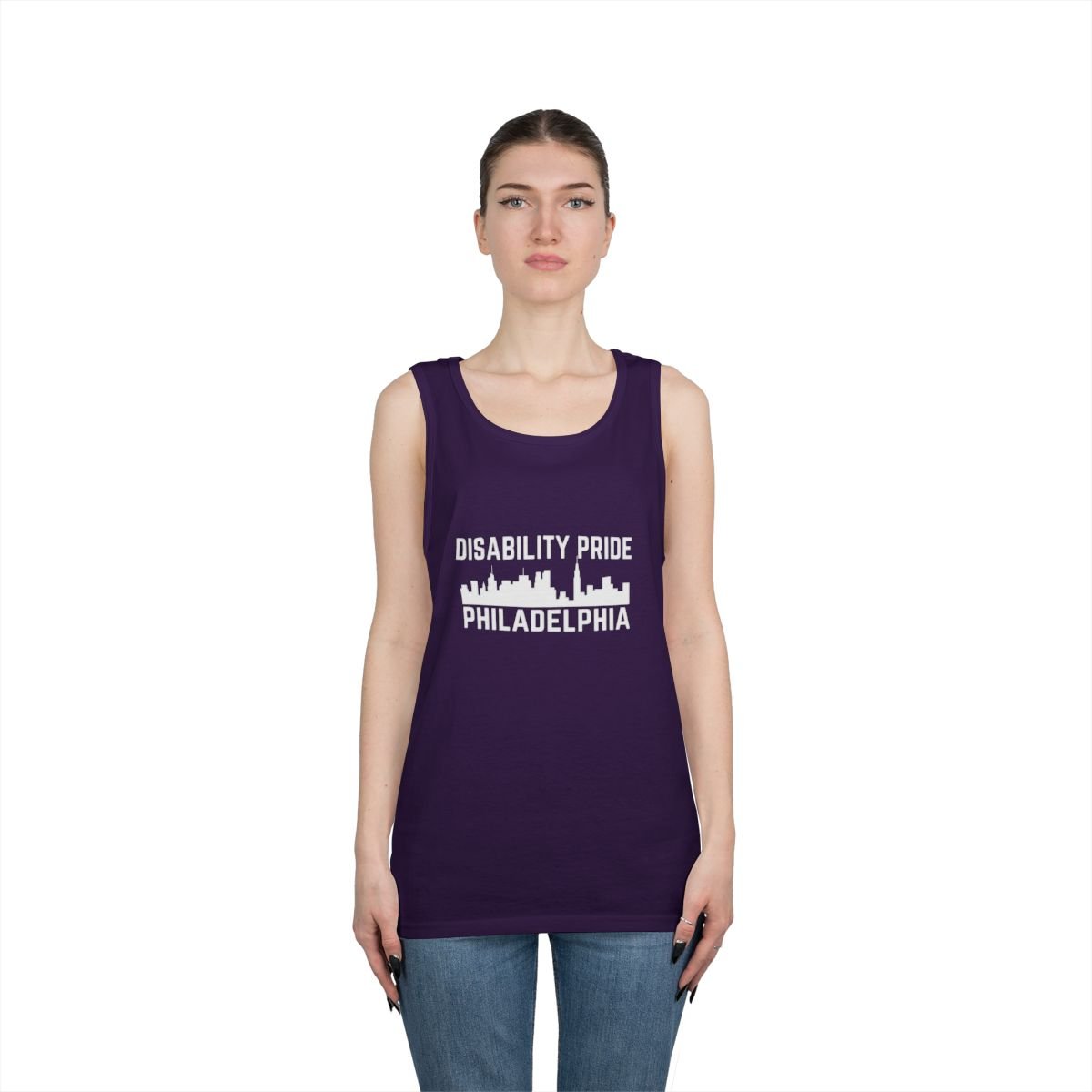 Person with purple tank with Disability Pride Philadelphia and skyline on it