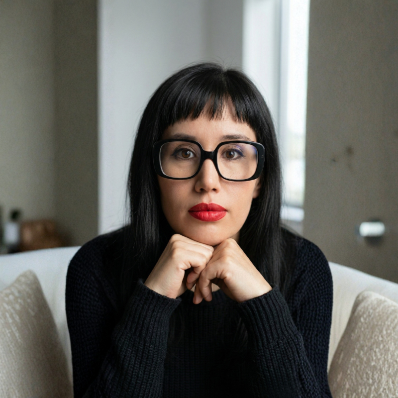 Mujer con gafas negras y labios rojos, sentada en un sillón frente a una ventana