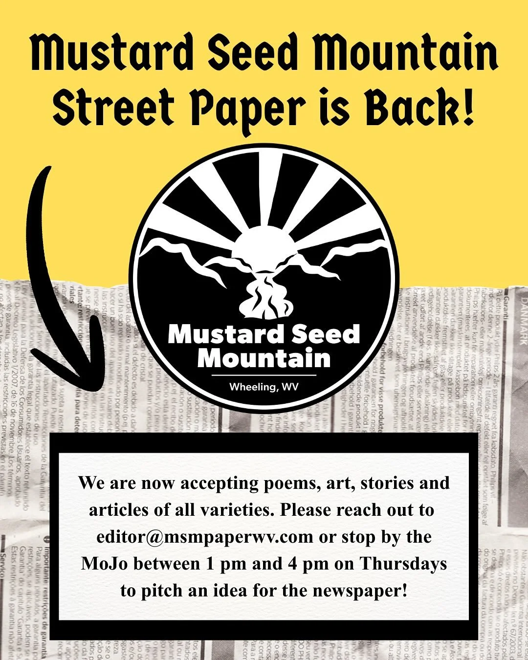 Spread the word &ndash; Mustard Seed Mountain Street Paper is BACK!!!

In the coming months we will be bringing back print (and online) editions of the street newspaper that covers homelessness, poverty and social justice in Wheeling and the Ohio Val