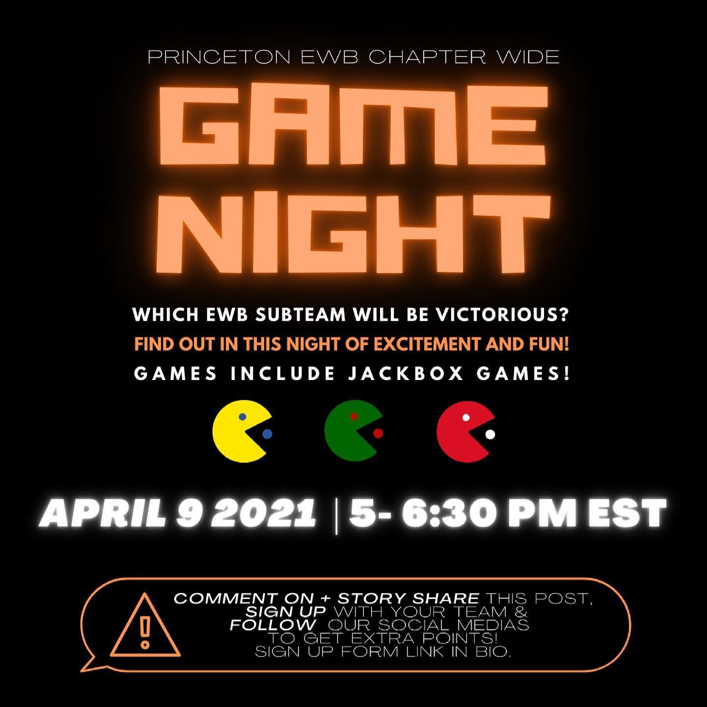 [LINKS IN BIO] Hey EWB Princeton! Join us for a virtual game night on Friday, April 9th, from 5:00pm to 6:30pm EST. We will be playing a variety of Jackbox games, so get ready to show off your creativity, sense of humor, and trivia knowledge! THIS EV