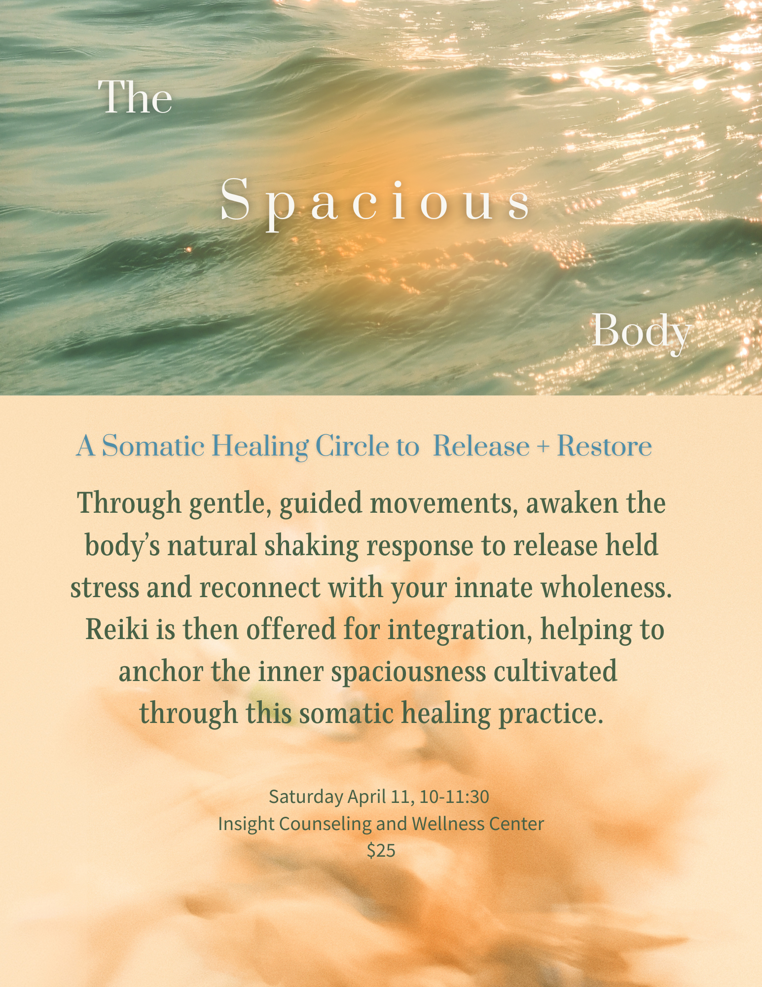 An informational flyer for a somatic healing circle event featuring a background image of ocean waves with sunlight reflecting off the water.