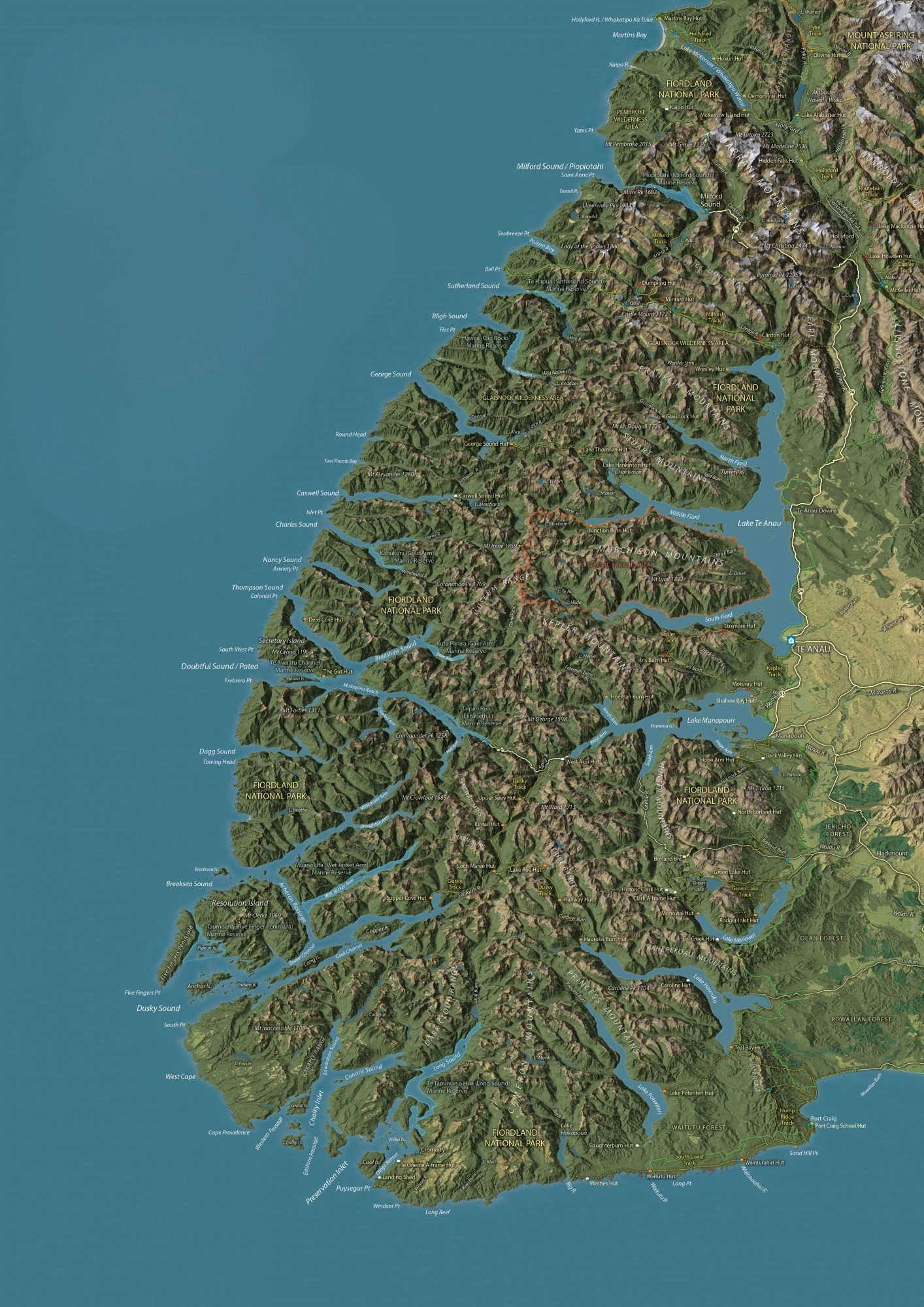 A detailed map of Fiordland National Park and surrounding areas in New Zealand, showing lakes, sound channels, mountain ranges, and parks. Our team have a real affinity for the area and a vast expanse of knowledge to ensure you get a really good look