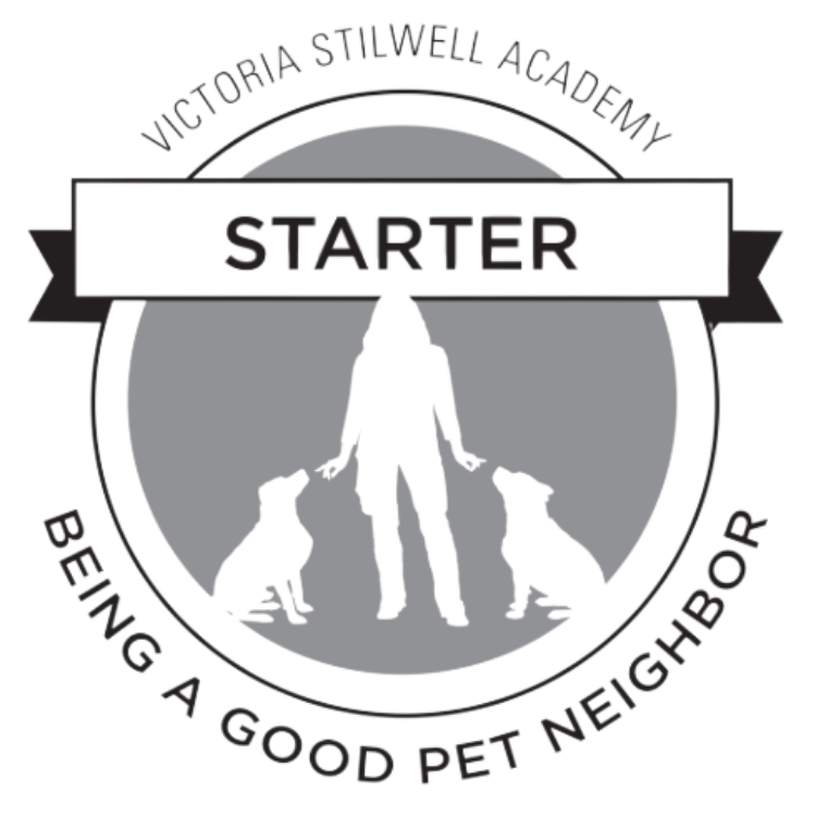 Logo for Victoria Stillwell Academy with a silhouette of a person holding a leash, flanked by two smaller dogs, the word 'STARTER' in a banner, and the phrases 'Victoria Stillwell Academy' at the top and 'Being a good pet neighbor' at the bottom.