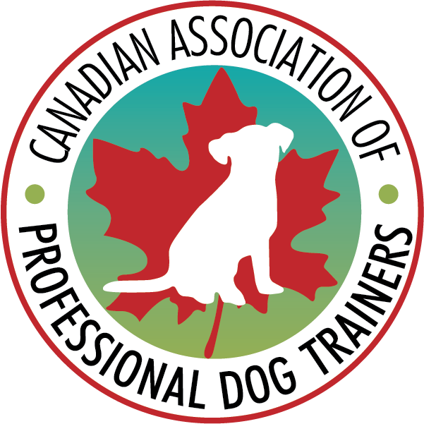 Logo of the Canadian Association of Professional Dog Trainers featuring a white dog sitting in front of a red maple leaf with a circular green background.