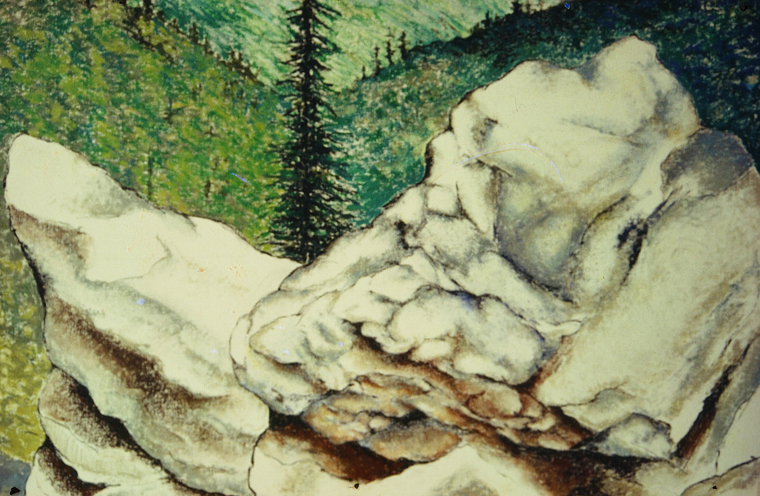 Rural-Rocks with Tree 3' x 2 1/2' oil stick on canvas