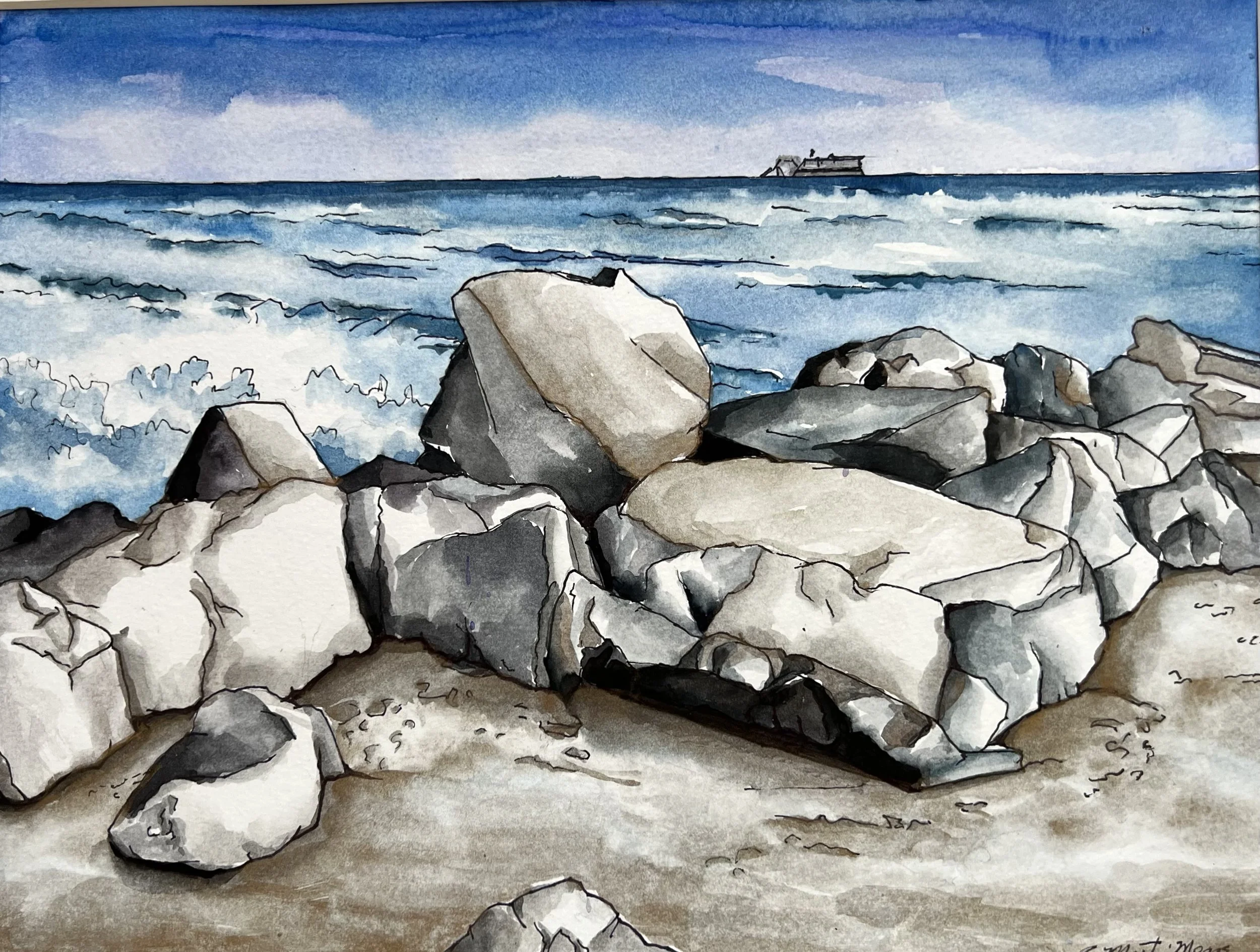 Sketches-Rocks at Fort Macon 7 1/2" x 8" (watercolor & pen) & ink) 