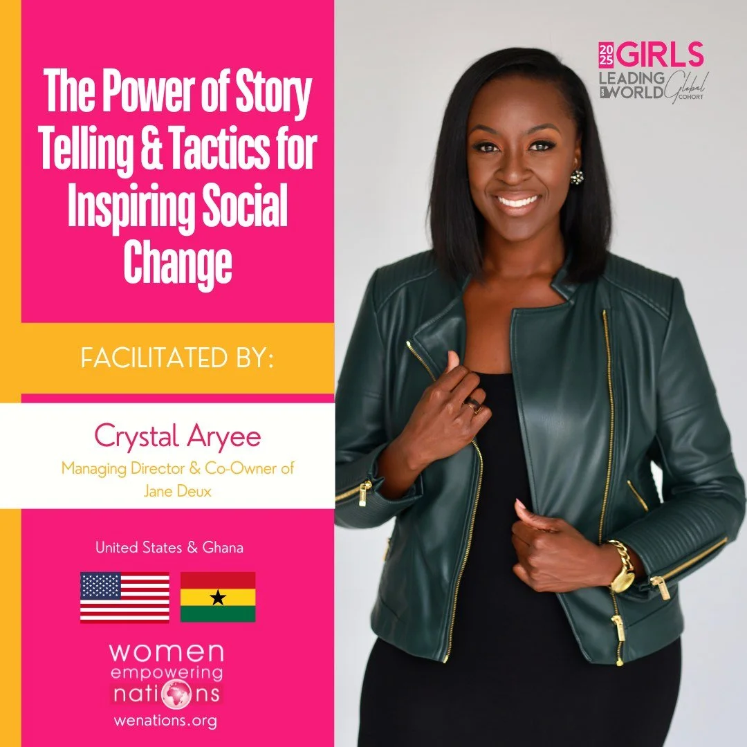 Women Empowering Nations is excited to welcome Crystal Aryee (@crystaljaryee) as our next guest speaker for the 2025 GLOW Global cohort. During Saturday's session, Crystal will be discussing the power of storytelling and tactics for inspiring social 