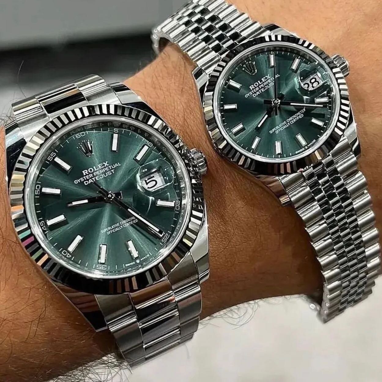 His and her DateJust with mint green dials. Contact us if you&rsquo;re looking for these or something similar and we&rsquo;ll help source your next timepiece! #rolex #datejust