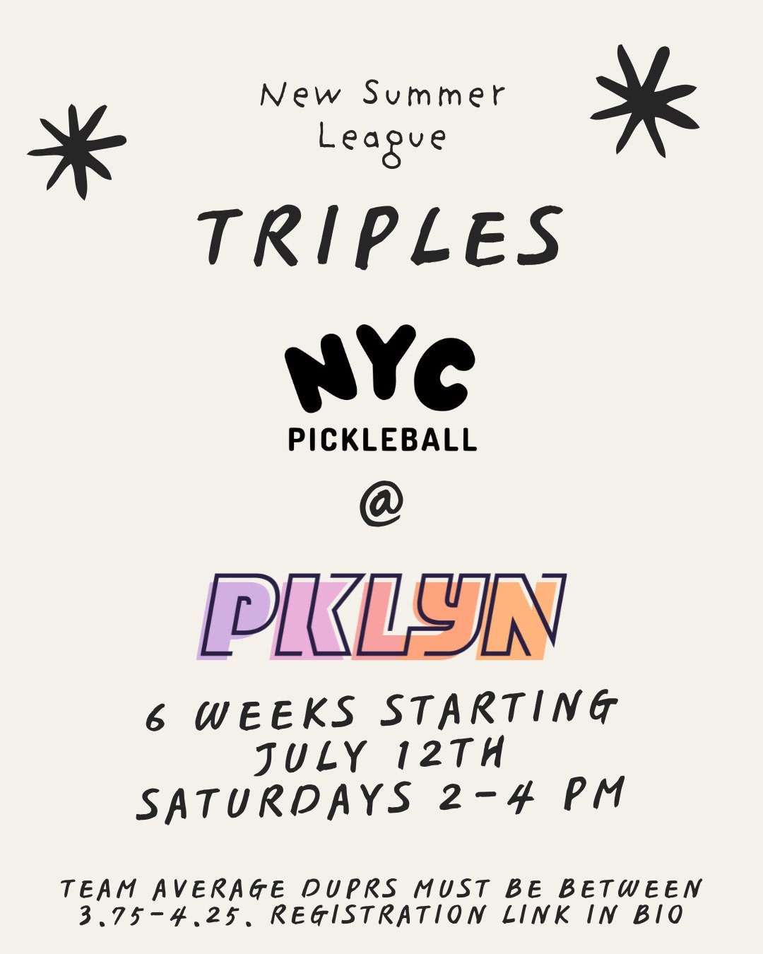 We're super excited to announce that we're bringing our exciting Triples League format to @pklynofficial this summer. 

What is Triples you ask?

A Triples Team is comprised of 2 men and 1 woman. (Yes, send us your best Challengers/Polycule memes)

O