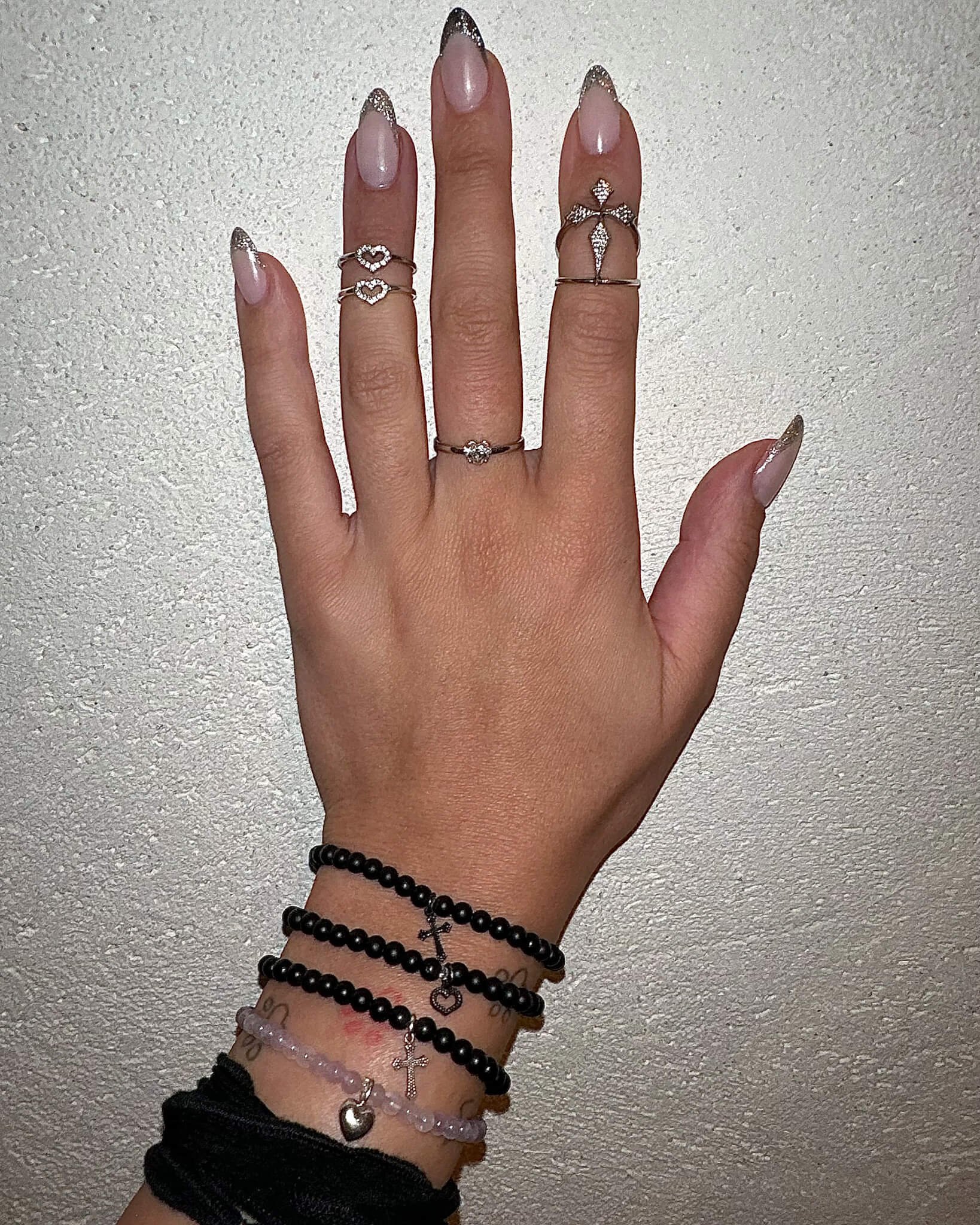 18k Pave Mini Heart Midi, Goth cross midi ring, 0.5ct diamond heart, 14k Black Grained Cross + Heart Charms .jpg