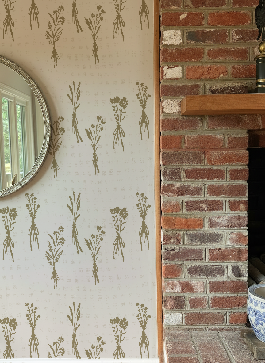 wall mockup brick fireplace and gold circular mirror