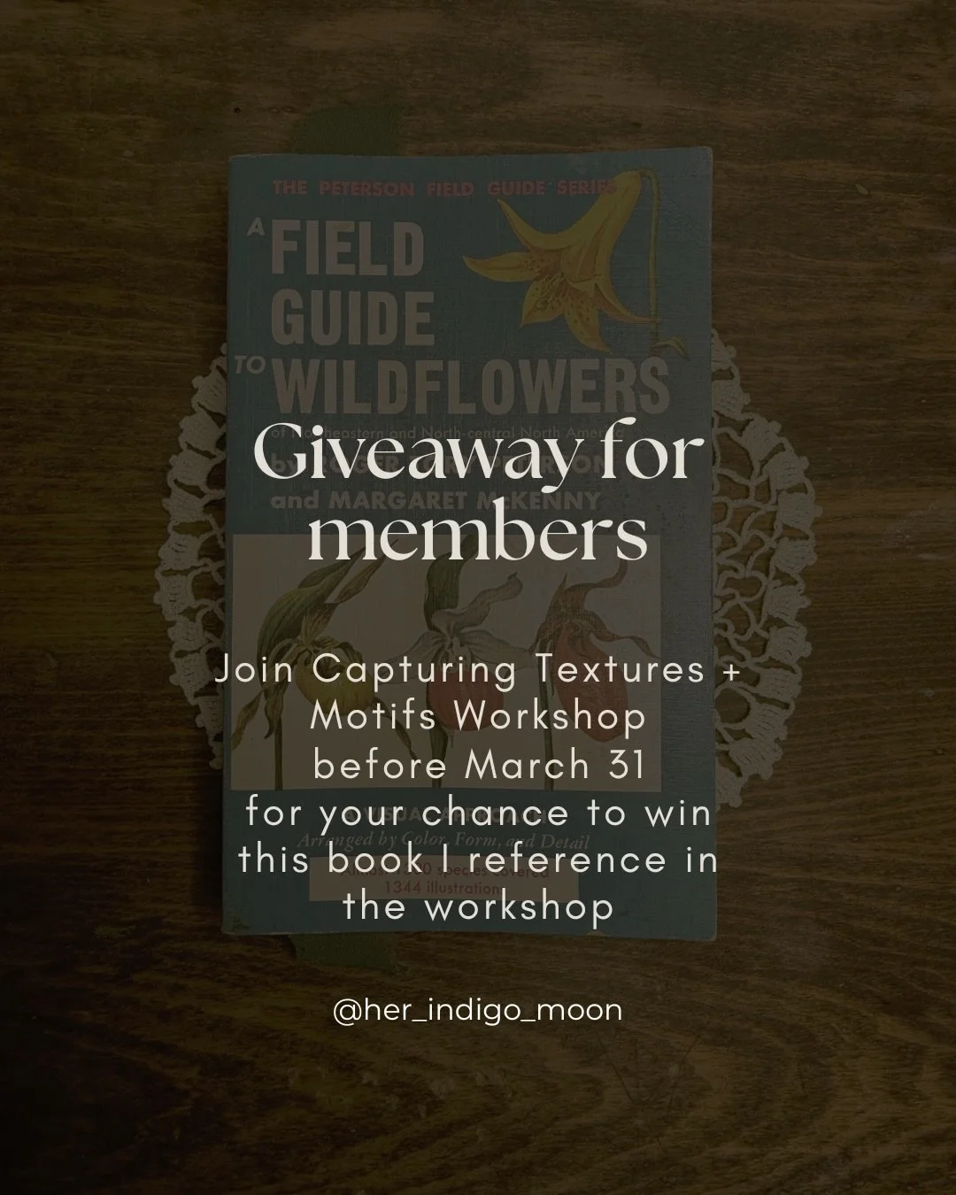 🪻For your chance to enter in the giveaway of this book Field Guide to Wildflowers, this vintage reference book, you must be enrolled in the Capturing Textures + Motifs Workshop!

✨Students will get 1 entry for just being in the workshop + 5 bonus en