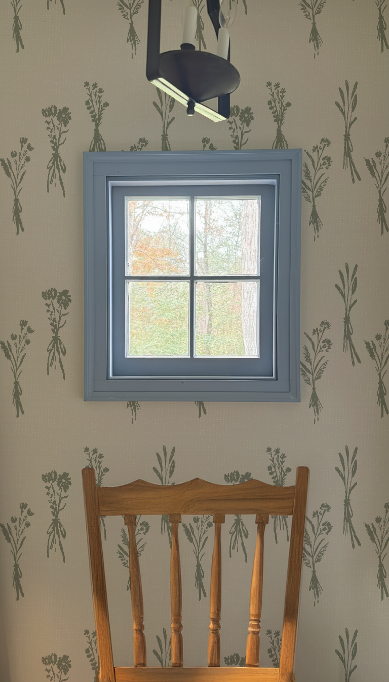 wall mockup with blue window black light and wooden chair