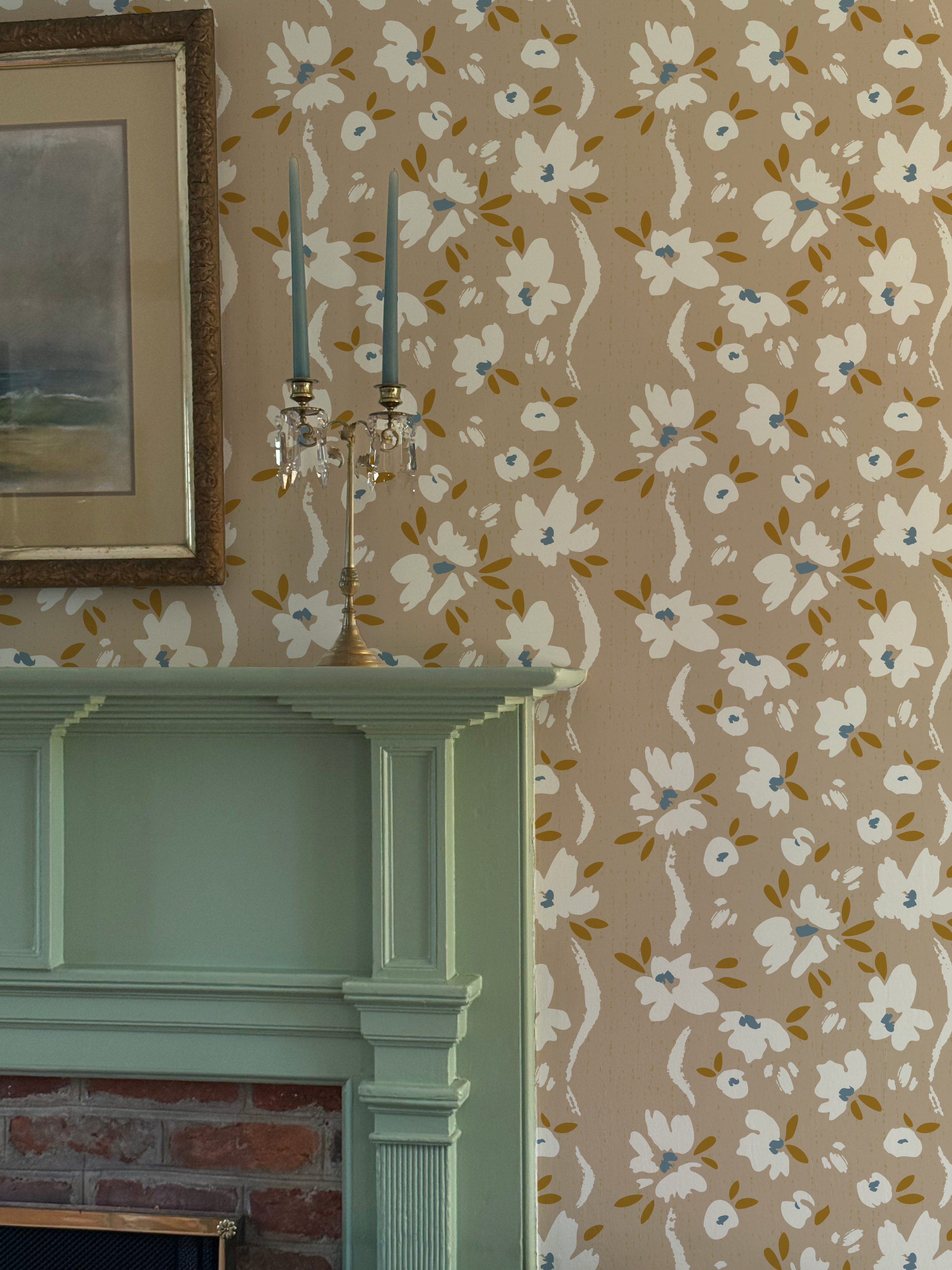wall green fireplace - tan florals.png