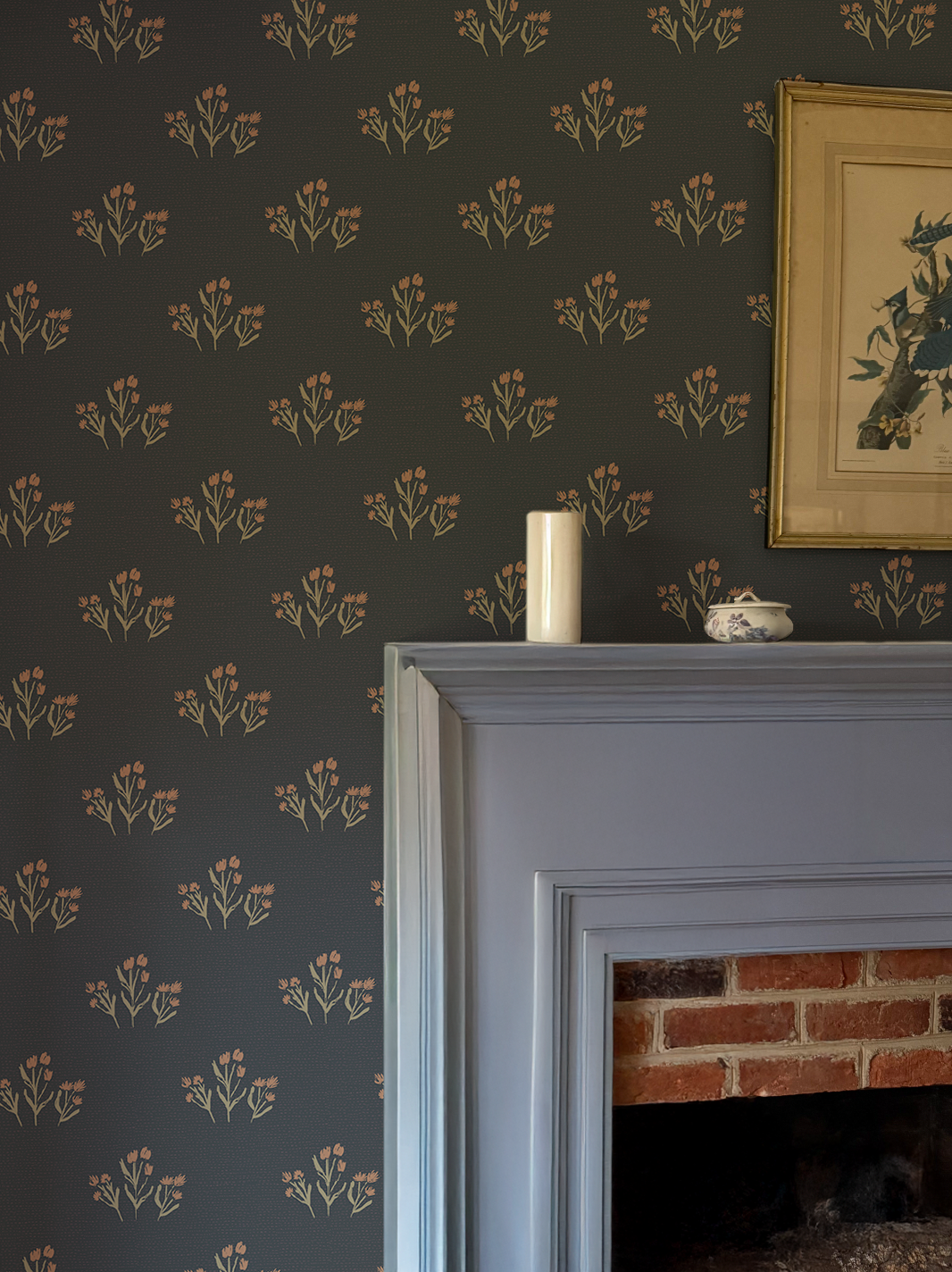 wall mockup with blue fireplace candle and picture frame