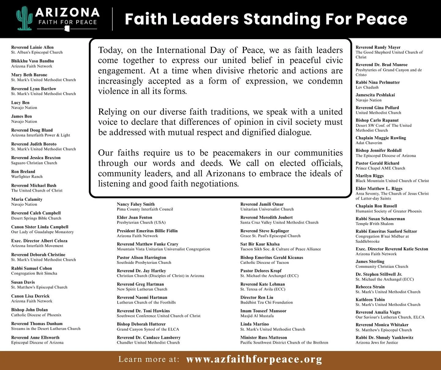 Excited to support the Arizona Faith for Peace campaign which launched on September 21st on the International Day of Peace. Faith leaders across Arizona, are uniting in a call for peace, respect, and civility in our public spaces. Join us: https://az