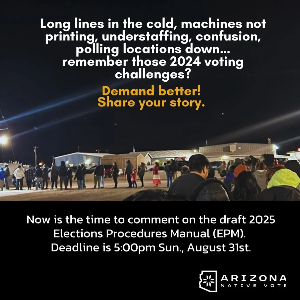 Today is the deadline to submit your public comment to improve voting. Submit by 5pm. 

Visit: https://azsos.gov/webform/epm-public-comments

This is your chance to tell about your voting experience and what improvements you would like to see made, e