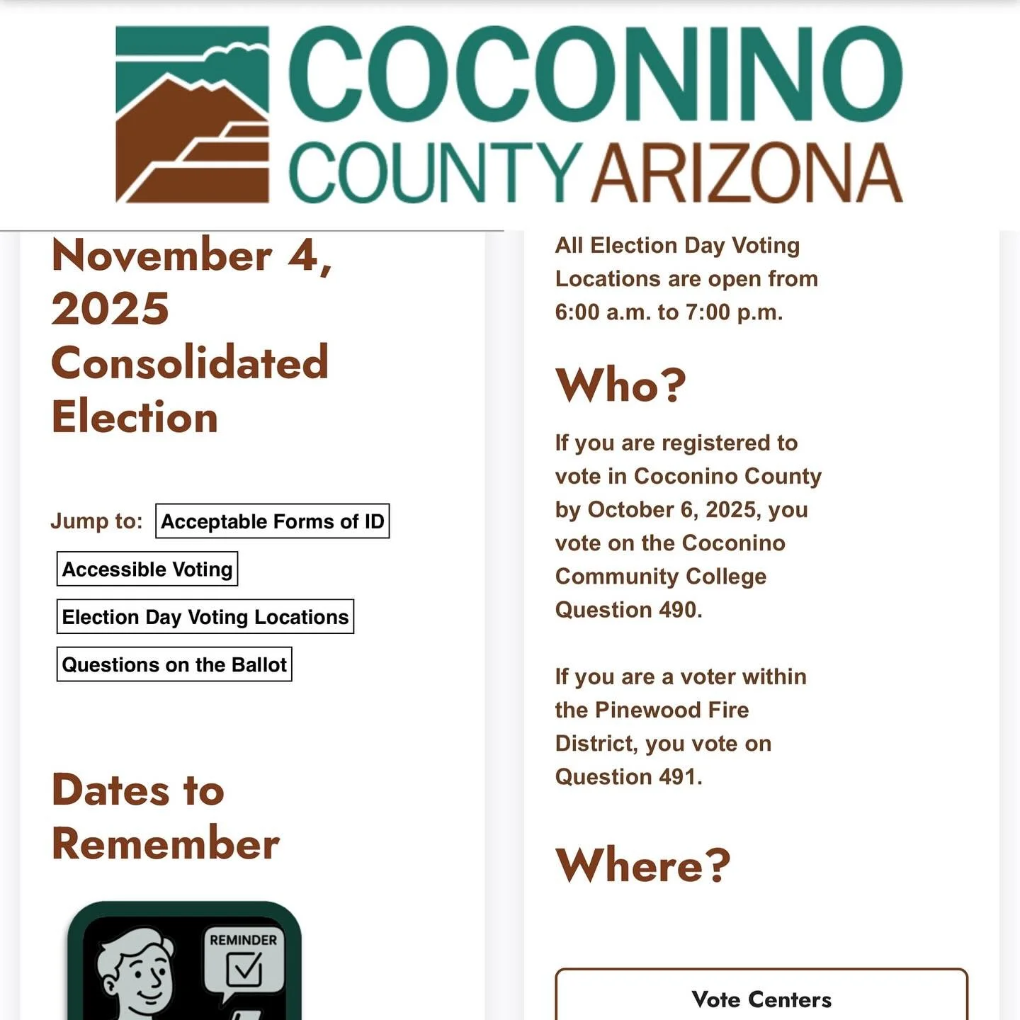 🗳️Today is election day! Only for Coconino County 🌲and only Holbrook in Navajo County🛣️. No countywide elections. Apache County 🐑 is not having countywide elections today. 

Local elections will vary across the state today due to specific issues 