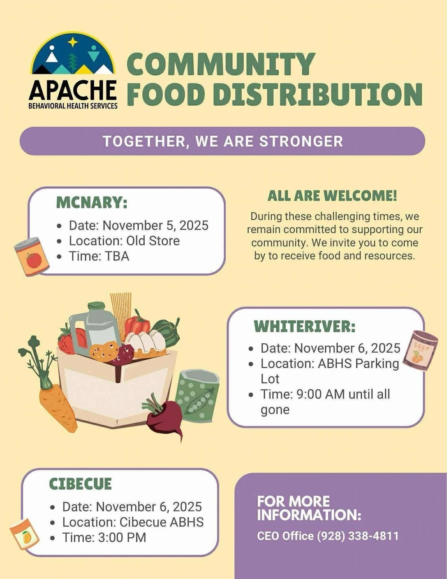 Heads up WMAT. Today, 11/5/25, in McNary
11/6/25 in Whiteriver 
11/6/25 in Cibecue 

Call 928-338-4811 for more info.