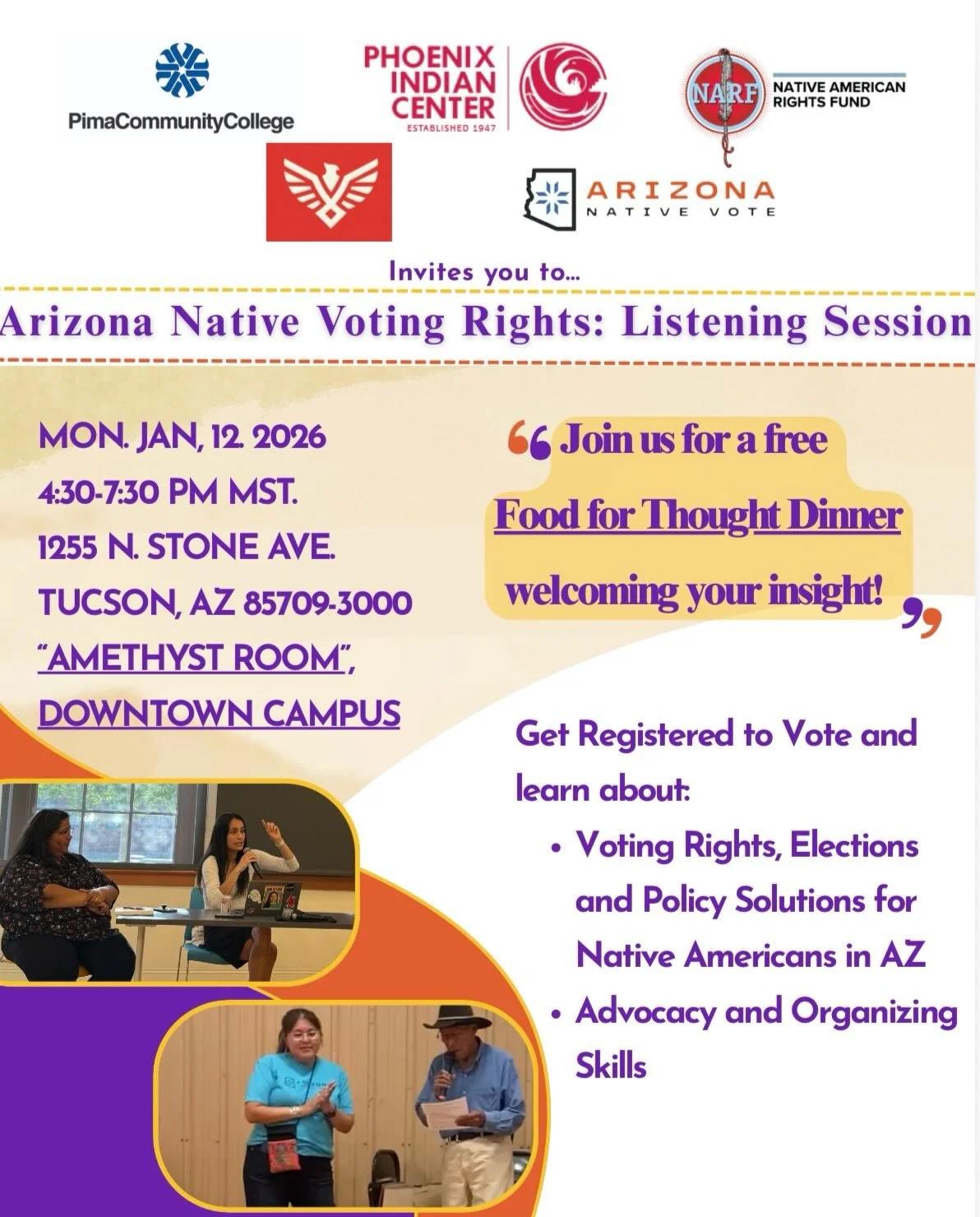 Hey friends and family in the Tucson area 🌵, join us this Monday, Jan.12th at Pima Community College from 4:30pm-7:30pm for the next Food for Thought Dinner.🍲 

🗻This is the third listening session and encourage community members to come by eat an