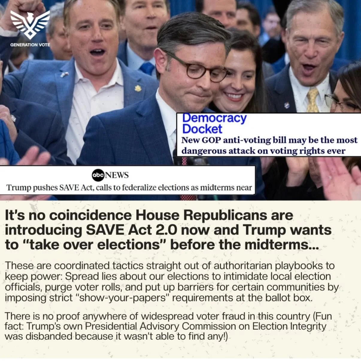 No on the &ldquo;Save Act&rdquo;. 🚫
@genvoteus = The so-called &ldquo;SAVE Act&rdquo; is back and the House could vote for this racist anti-voter bill as early as THIS WEDNESDAY‼️

House Republicans have relaunched the same project under new names: 