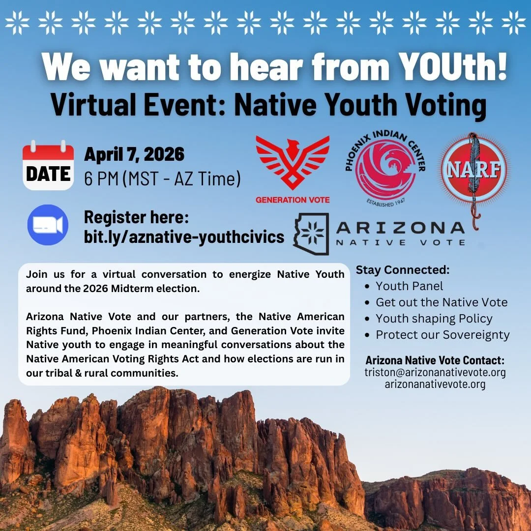 🗓️Join us Tuesday, April 7th at 6pm MST / 7 pm Navajo time or MDT. 
📲Register here:
bit.ly/aznative-youthcivics 

#nativeyouth #arizona