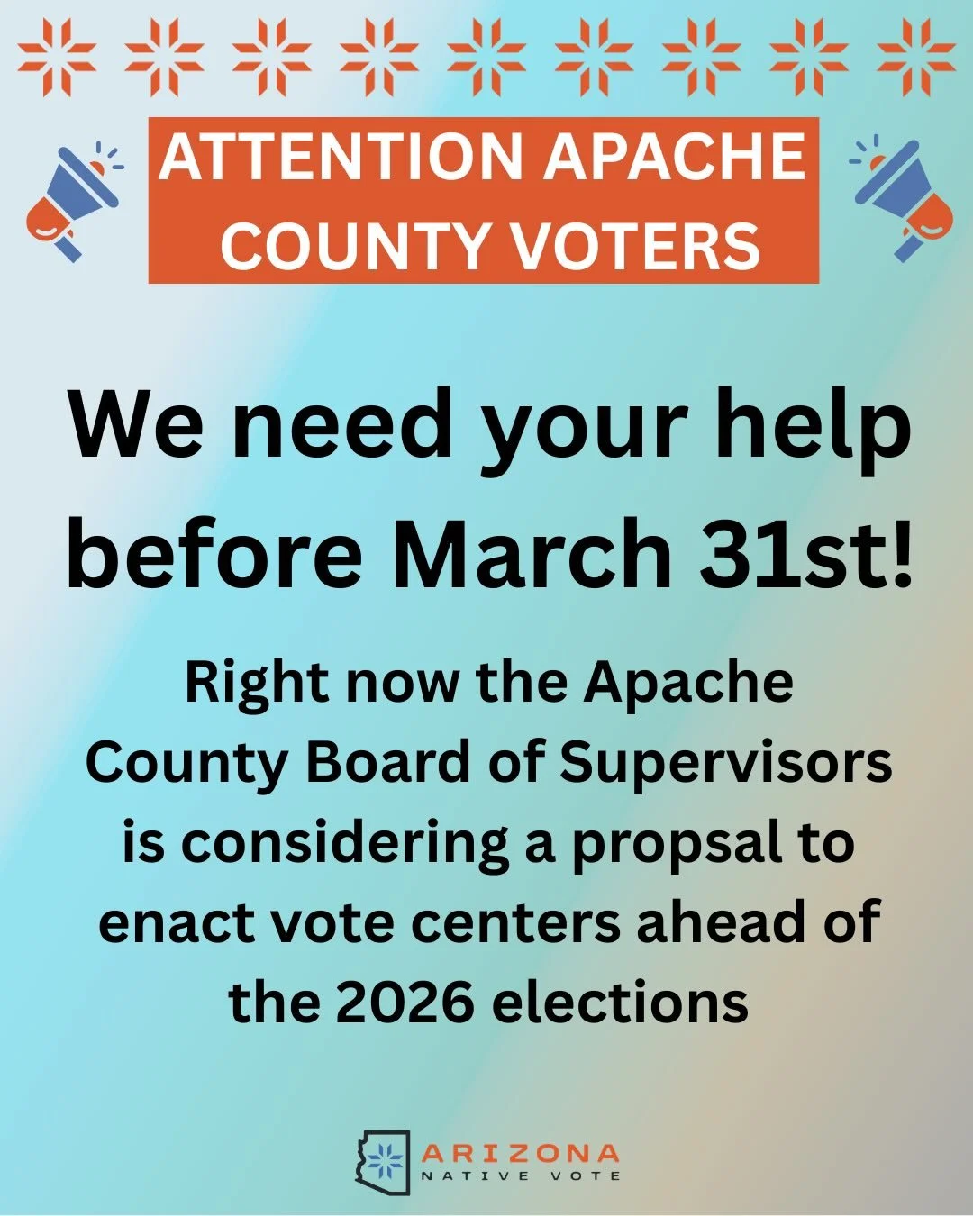 ATTENTION 📢 Apache County Voters 📢
Tell your district supervisor to vote YES for VOTE CENTERS today! 

💚VOTE CENTERS = GOOD THINGS for voters💚

Should you&rsquo;d like a copy of a template letter, please get a hold of us. We&rsquo;ll be happy to 