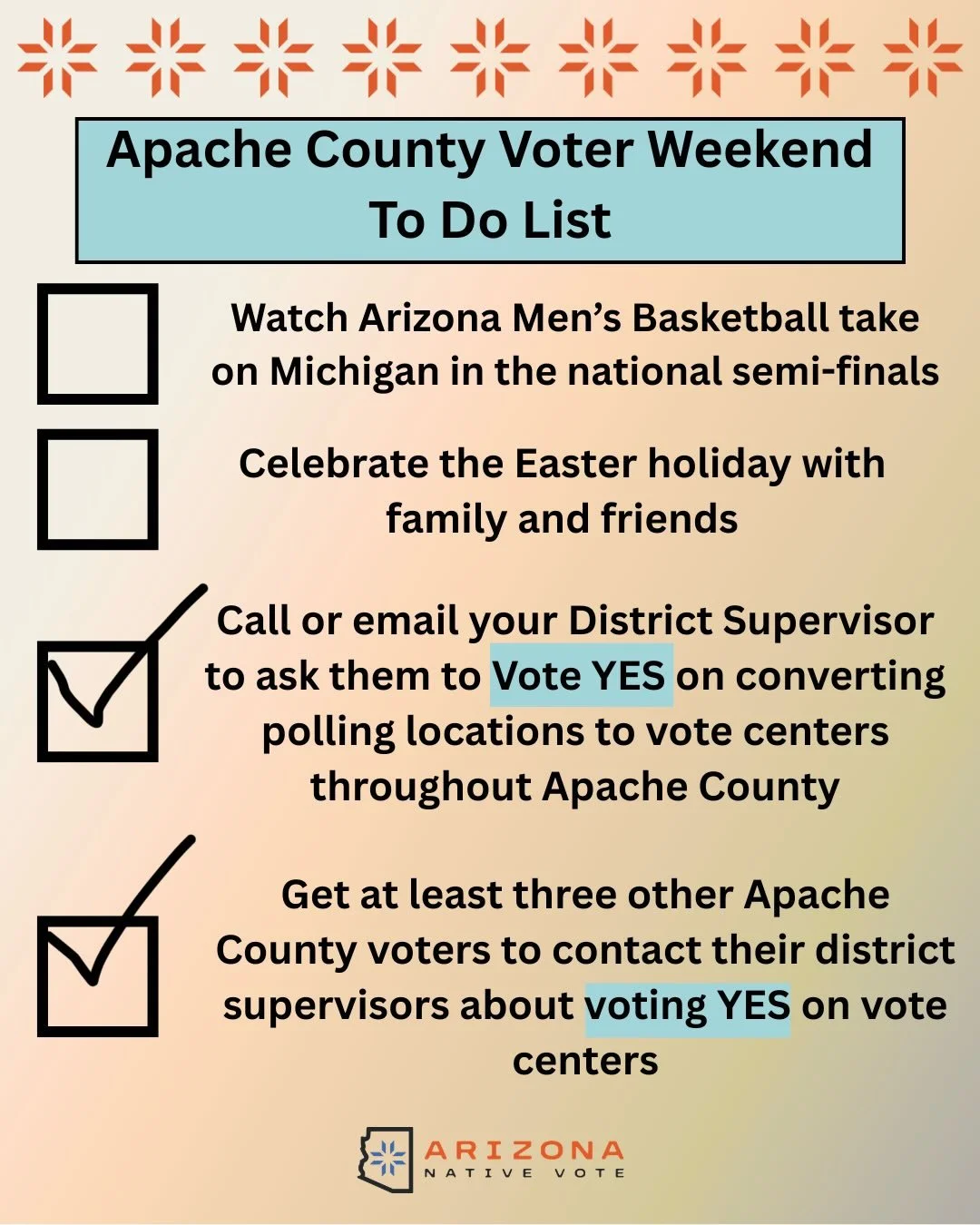 Let&rsquo;s Sko Apache County voters! 👩🏻&zwj;💻🗳️👨🏻&zwj;💻
Submit your letter of support for vote centers and help your relatives. Deadline is close of business day this Monday, April 6. 
#nativevote #votecenters