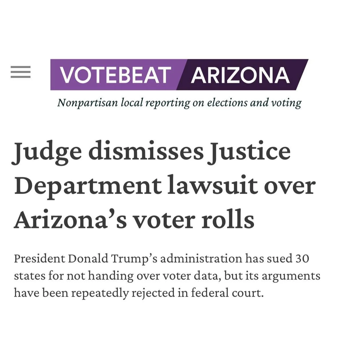 News! ➡️ &ldquo;Arizona acted correctly in refusing this request, and today&rsquo;s ruling vindicates that decision. Our offices will continue to defend the privacy of Arizona voters against federal overreach.&rdquo;

A win for voters &amp; the integ