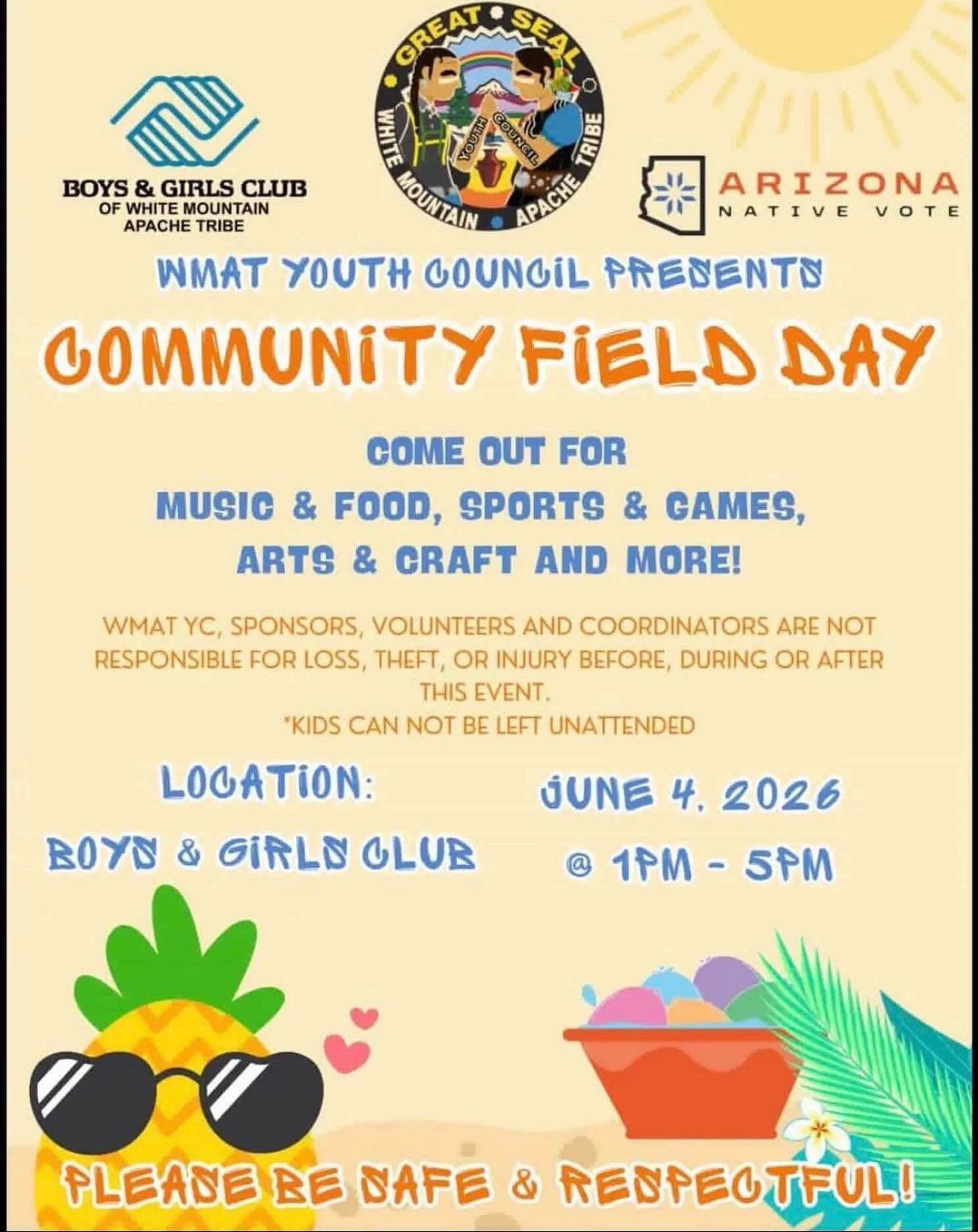 Attn: WMAT 🌱Young people need safe, creative spaces to thrive, be active, have fun, and connect. 🗓️Join us Thursday, June 4 1-5pm at the White Mountain Apache Boys &amp; Girls Club. 📢

S/O @wmatyc, WMAT Boys &amp; Girls Club, ANV organizers, volun