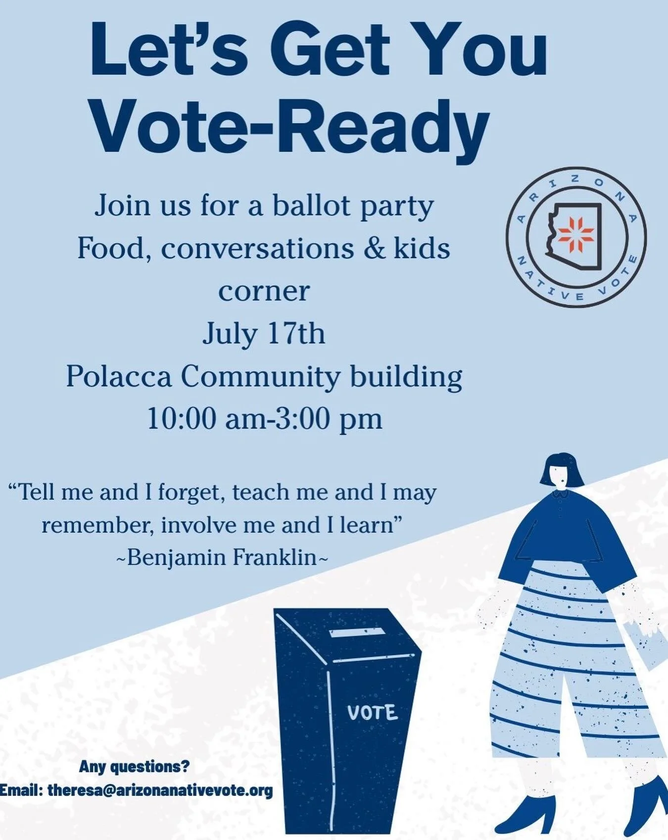 Hey Hopi, join us in Polacca Friday, July 17 10am-3pm for our first Ballot Party!  We&rsquo;re bringing community together for conversation, food, fun, and filling out our mail-in primary ballots together. 📧Email theresa@arizonanativevote.org  or  c