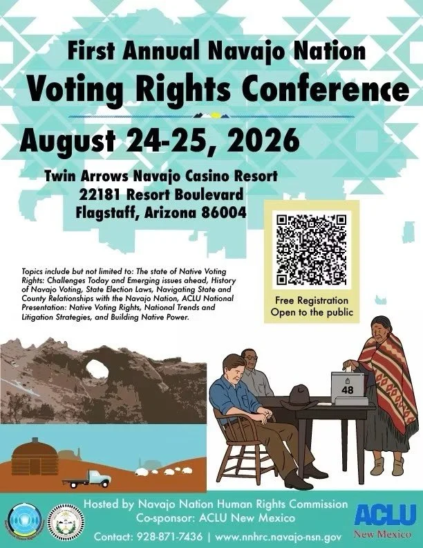 🗓️Join us this Monday and Tuesday at Twin Arrows for the  1st Annual Navajo Nation Voting Rights Conference hosted by Navajo Nation Human Rights Commission and partners. 

Arizona Native Vote will be presenting on 8/25 at 1pm with ACLU friends and h